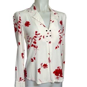 Nanette Lepore Red And White Floral Top Long Sleeve V Neck Pleated Size